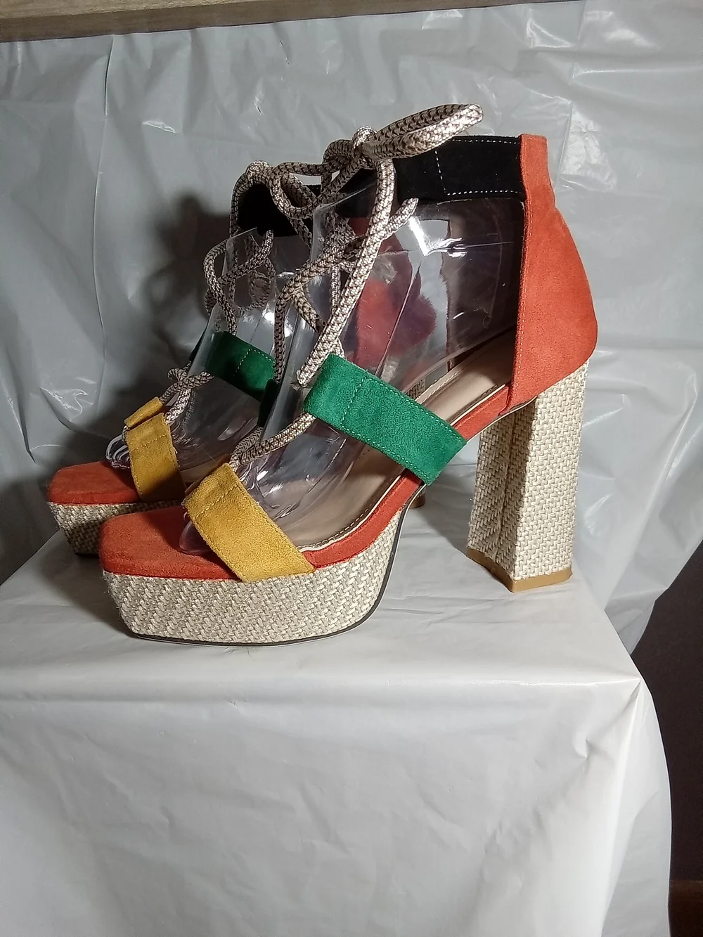 Block Heel Colorblock Espadrille Platform Sandals. Yellow, Green & Orange
